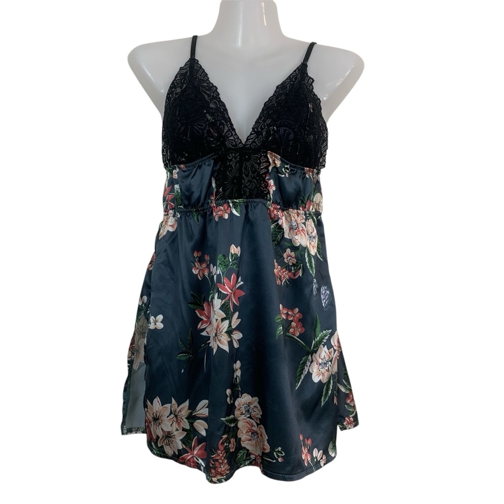 Women’s S Dark Floral Nightgown‎ Top Black Lace Trim Cami Y2K Feminine Babydoll